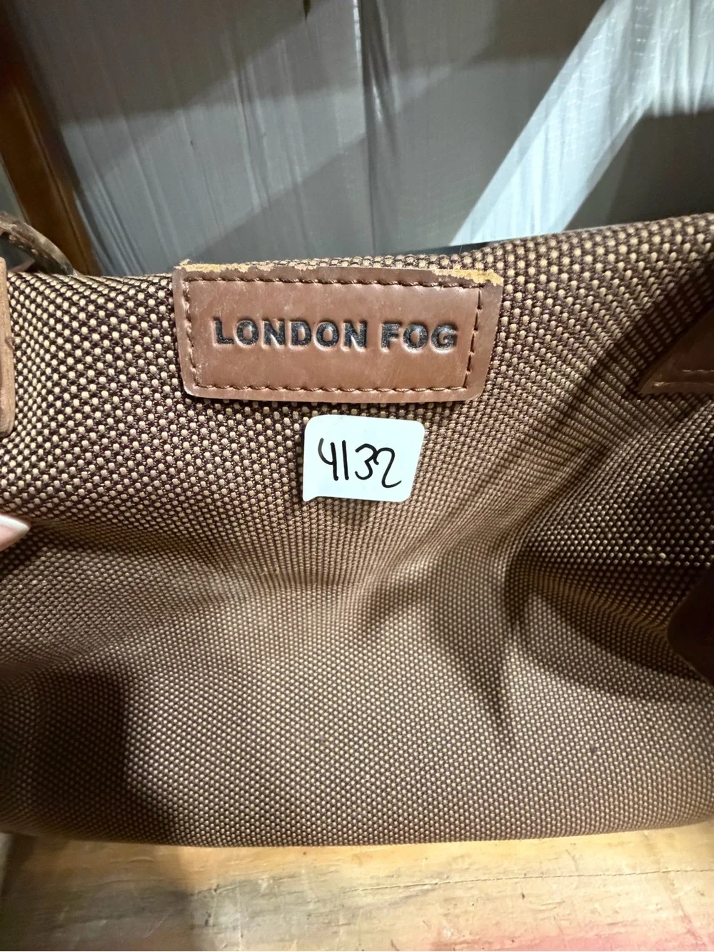 #4132-London Fog Brown Textured Tote with Leather Trim